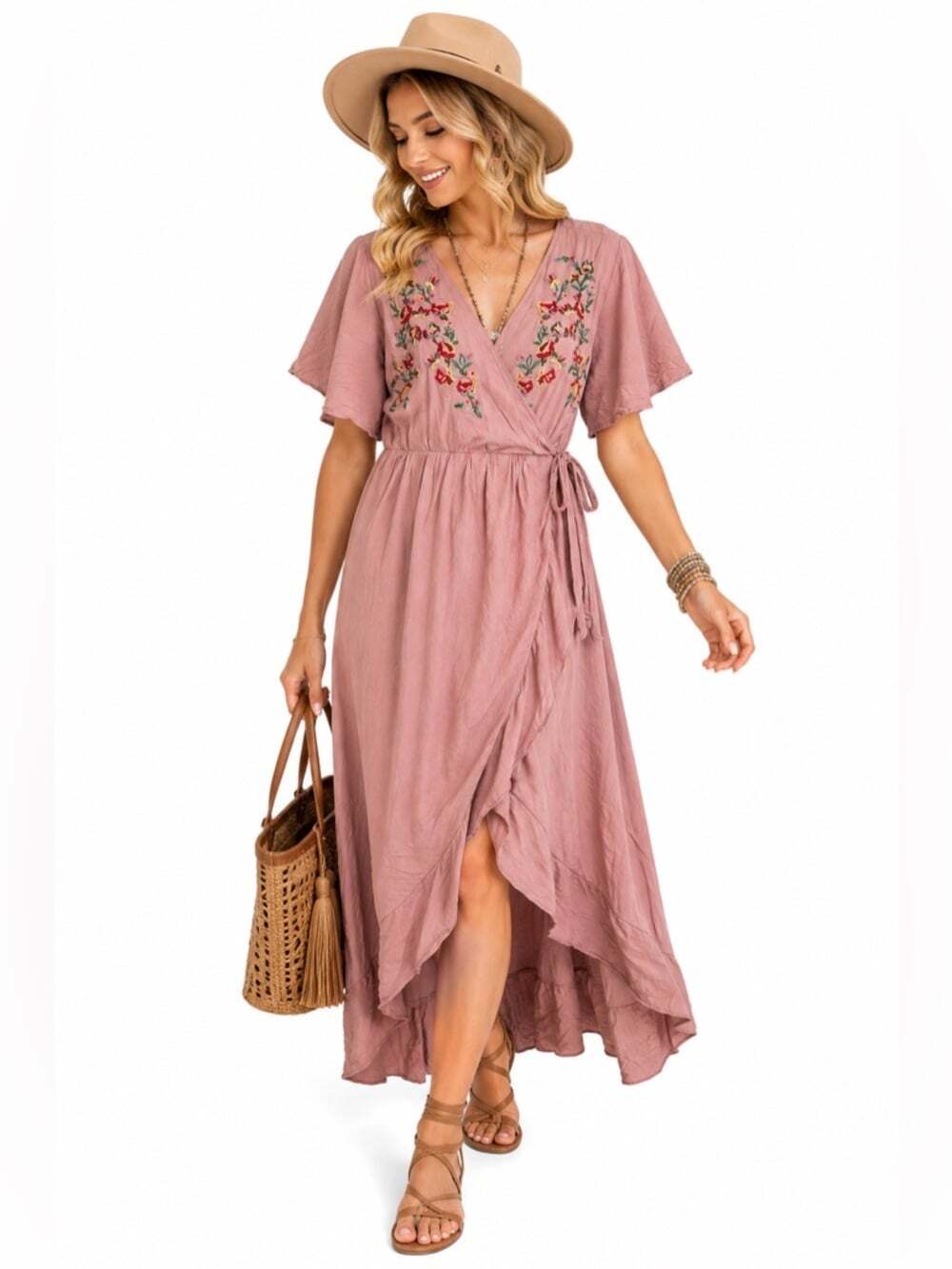 Wren Ivory Romanticcore Pink High Low Wrap Dress Floral Embroidery Long Sleeve L
